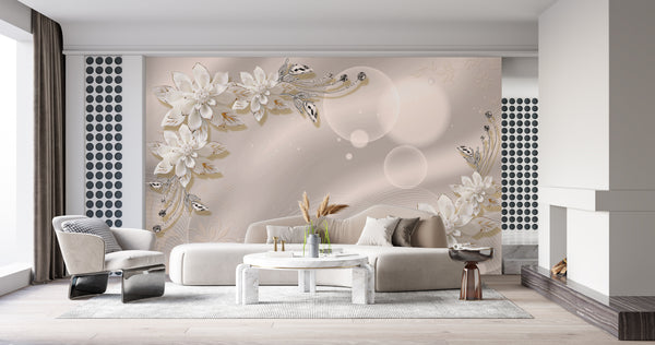 Fantasy Wallpaper, Non Woven, White Flowers Jewels Wall Mural, Beige Silk Wallpaper