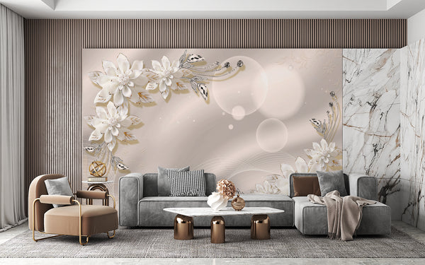 Wall Mural Fantasy | White Flowers Jewels Wall Mural