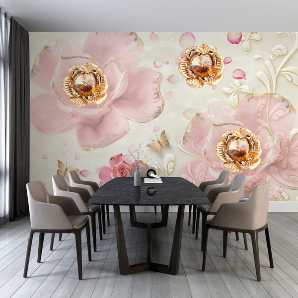 Fantasy Wallpaper, Non Woven, Pink Rose Flowers & Gold Jewels Wallpaper, Butterflies Wall Mural