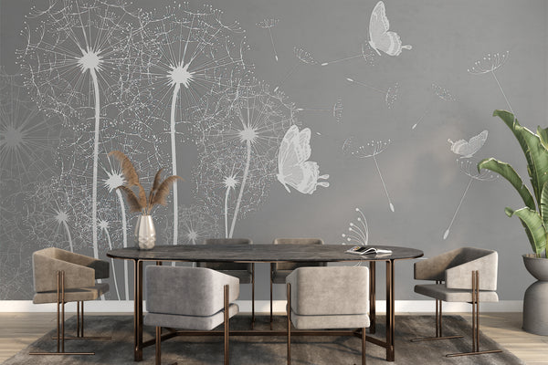 Flower Wallpaper, Non Woven, White Dandelions Flowers Wallpaper, Butterflies Wall Mural