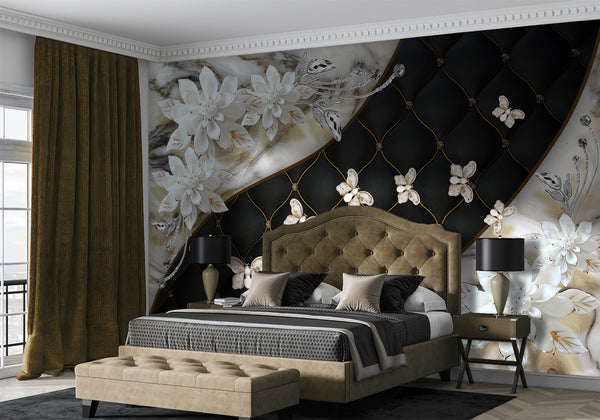 Fantasy Wallpaper, Non Woven, White Flower & Leather Texture Wall Mural, Butterfly Brooch Wallpaper
