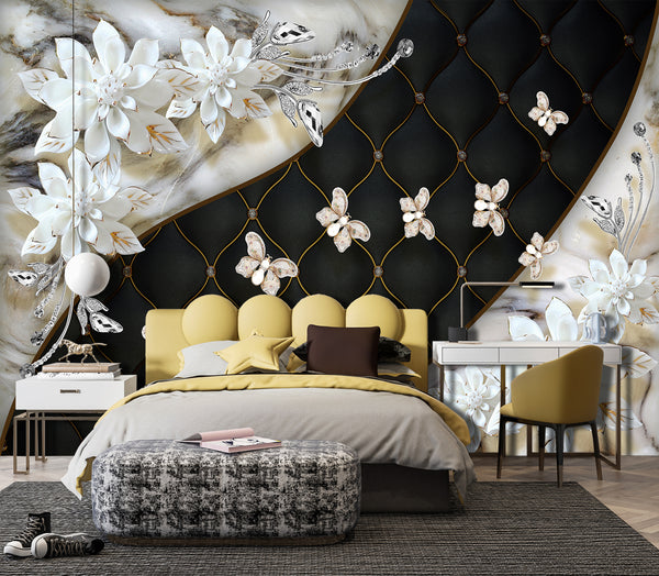 Wall Mural Fantasy | White Flower & Leather Texture Mural