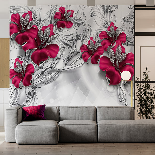 Fantasy Wallpaper, Non Woven, Red Large Flowers & Silver Brooch Wallpaper, Grey Background Wall Mural
