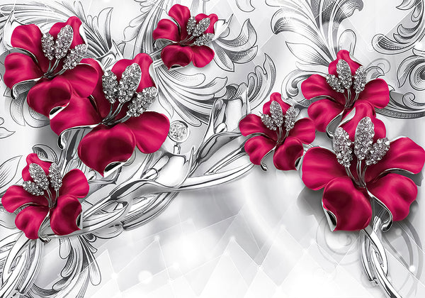 Fantasy Wallpaper, Non Woven, Red Large Flowers & Silver Brooch Wallpaper, Grey Background Wall Mural