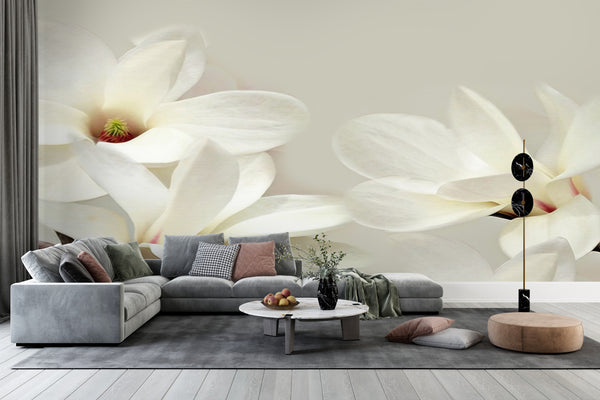 Flower Wallpaper, Non Woven, White Magnolia Flowers Wallpaper, Spring Blossom Wall Mural