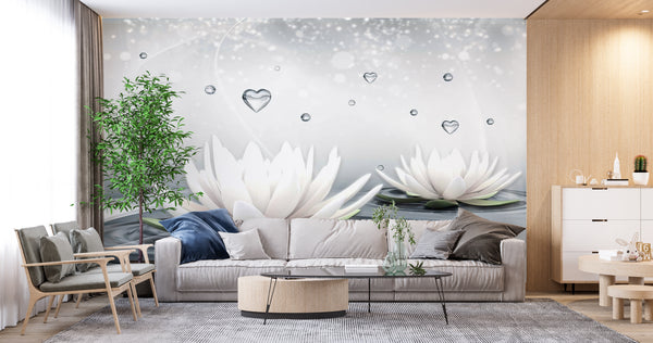 Flower Wallpaper, Non Woven, Lotus Flowers Wallpaper, Raindrops Wall Mural