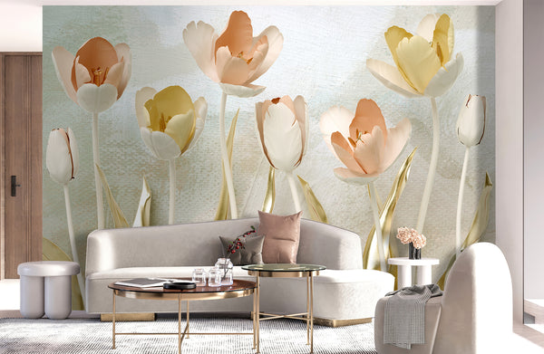 Flower Wallpaper, Non Woven, Soft Tulip Flowers Wallpaper, Golden Leaves Wall Mural