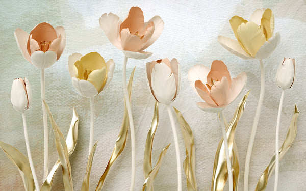 Flower Wallpaper, Non Woven, Soft Tulip Flowers Wallpaper, Golden Leaves Wall Mural