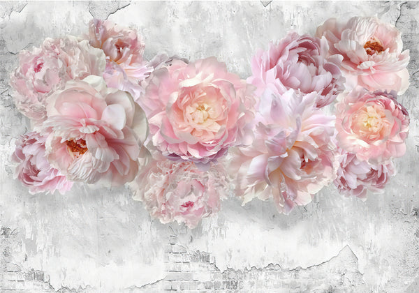 Flower Wallpaper, Non Woven, Pink Large Peonies Wallpaper, Grey Wall Mural