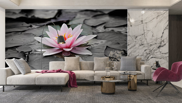 Flower Wallpaper, Non Woven, Pink Lotus Flower Wallpaper, Water Lily Wall Mural