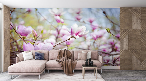 Flower Wallpaper, Non Woven, Pink Magnolia Flowers Wallpaper, Blossom Tree Wall Mural