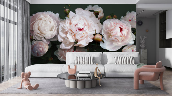Flower Wallpaper, Non Woven, Beige Peonies Wallpaper, Spring Floral Wall Mural