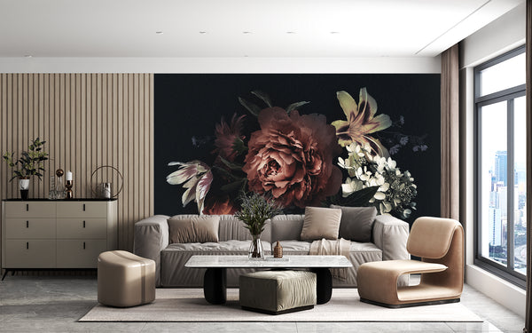 Flower Wallpaper, Non Woven, Dark Floral Acrylic Painting Wallpaper, Peony Floral Wall Mural