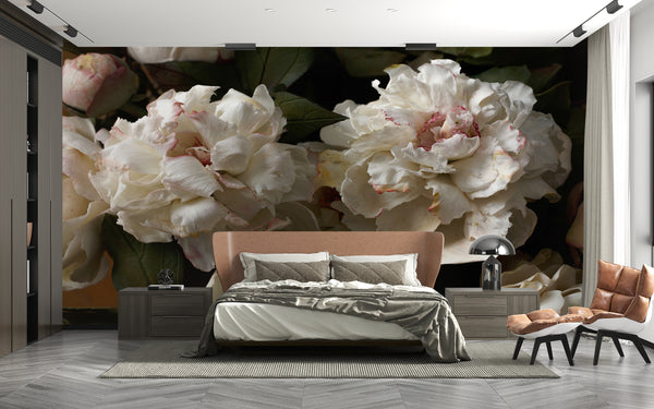 Flower Wallpaper, Non Woven, White Sring Flowers Wallpaper, Peony Floral Wall Mural