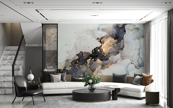 Wallpaper Mural, Non Woven, Abstract Alcohol Ink Wallpaper, Gold & Black Fluid Art Mural, Marble Background Wall Mural