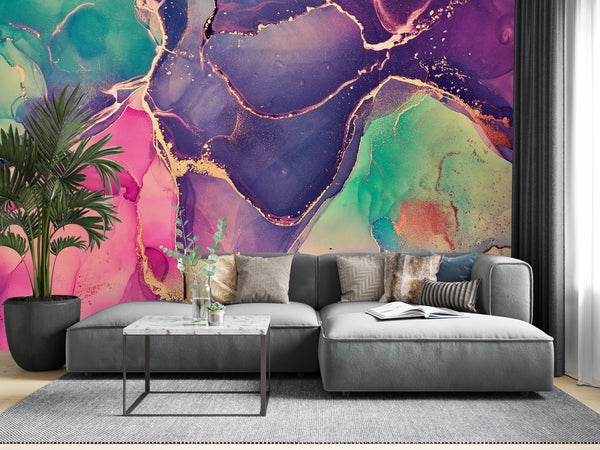 Wallpaper Mural, Non Woven, Colorful Fluid Art Wallpaper, Abstract Alcohol Inks Mural, Marble Wall Mural