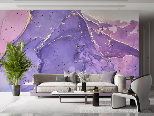 Wallpaper Mural, Non Woven, Purple & Gold Fluid Art Wall Mural, Lavender Inks Wallpaper, Abstract Mural