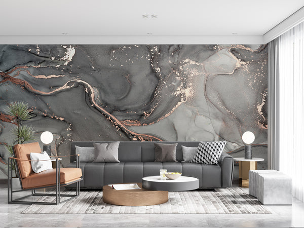 Wallpaper Mural, Non Woven, Grey & Gold Abstract Wallpaper, Abstract Fluid Art Wall Mural