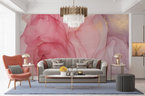 Fluid Art Wallpaper Mural, Non Woven, Pink Colors Wallpaper, Marble Gradient Pink and Gold Wall Mural