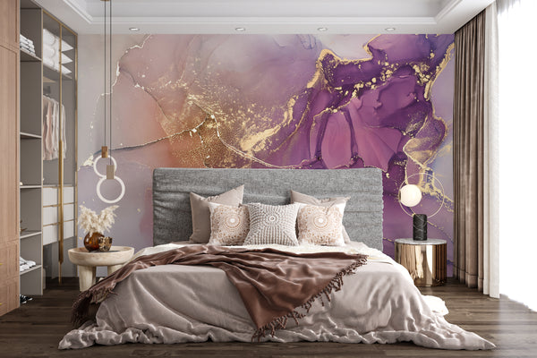 Fluid Art Wallpaper Mural, Non Woven, Purple Colors Wallpaper, Abstract Alcohol Inks, Modern Marble Wall Mural