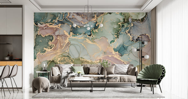  Green, Gold & Pink Abstract Alcohol Inks Wallpaper Mural