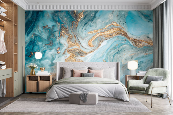 Fluid Art Wallpaper Mural, Non Woven, Blue Marble & Gold Wallpaper, Alcohol Inks Wall Mural