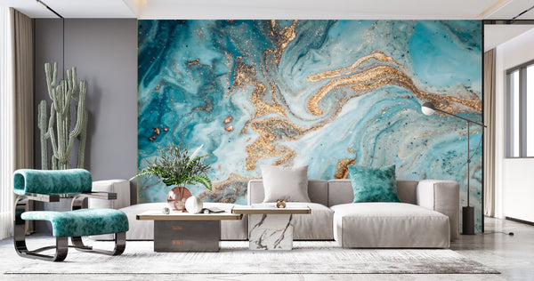  Blue Marble & Gold Alcohol Inks Wall Mural