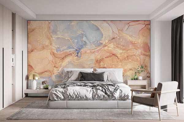Fluid Art Wallpaper Mural, Non Woven, Soft Orange & Gold Marble Wallpaper, Abstract Alcohol Inks Wall Mural