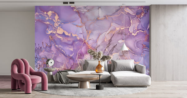 Fluid Art Wallpaper Mural, Non Woven, Purple & Gold Marble Wallpaper, Alcohol Inks Wall Mural