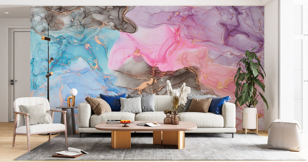 Fluid Art Wallpaper Mural, Non Woven, Pink & Blue Alcohol Inks Wallpaper, Modern Abstract Marble Wall Mural