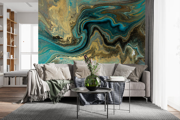 Wallpaper Mural, Non Woven, Green and Gold Marblin Pattern Wallpaper, Acrylic Flui Art Mural, Abstract Waves Wall Mural