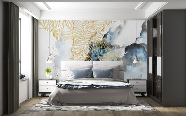 Wallpaper Mural, Non Woven, Abstract Fluid Art Wallpaper, Natural Blue and Gold Wall Mural