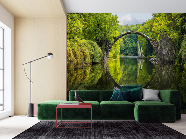 Nature Wallpaper, Non Woven, Bridge over the Lake Wallpaper, Green Forest Wall Mural