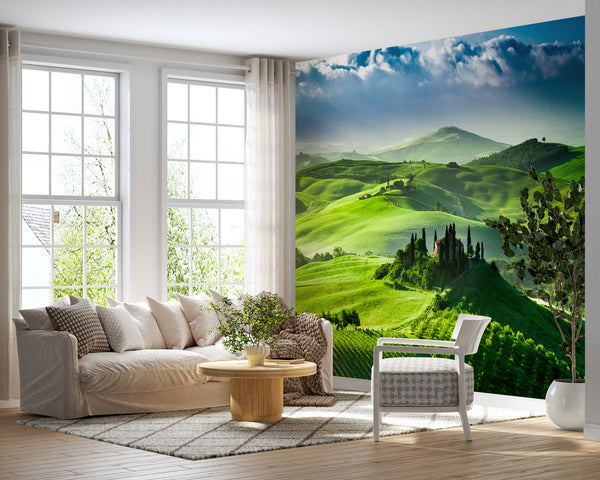 Nature Wallpaper, Non Woven, Green Italian Landscape Wallpaper, Summer Provence Wall Mural