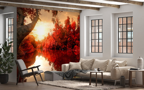 Nature Wallpaper, Non Woven, Red Autumn on the river Wallpaper, Red Landscape Wall Mural