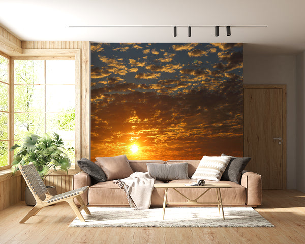 Nature Wallpaper, Non Woven, Sunset and Clouds Wallpaper, Fluffy Clouds Wall Mural