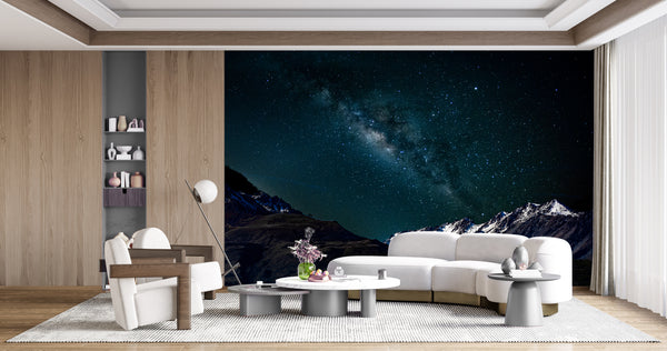 Nature Wallpaper, Non Woven, Night Mountain Landscape Wallpaper, Stars and Milky Way Wall Mural