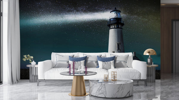 Nature Wallpaper, Non Woven, Night Lighthouse Wallpaper, Stars and Landscape Wall Mural