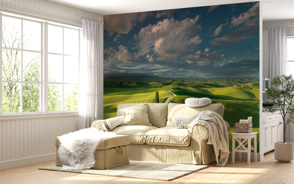 Nature Wallpaper, Non Woven, Green Hills Wallpaper, Sky and Clouds Wall Mural, Summer Landscape Wallpaper