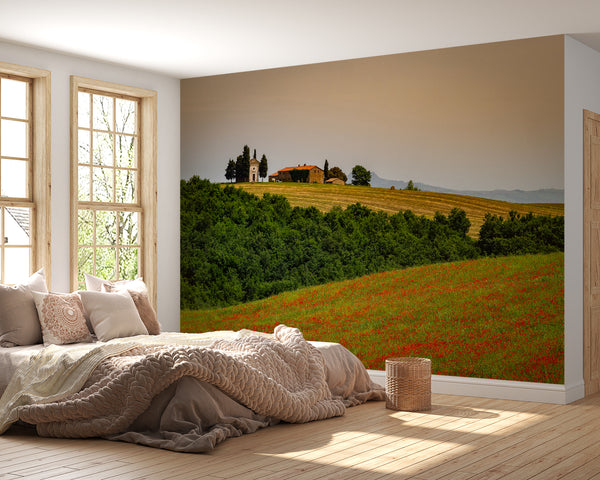 Nature Wallpaper, Non Woven, Poppy field with old chapel in Tuscany Italy Wall Mural