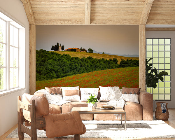  Poppy field with old chapel in Tuscany Italy Wall Mural