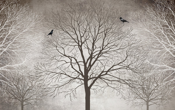 Nature Wallpaper, Non Woven, Tree Branches Wallpaper, Black Birds Wall Mural