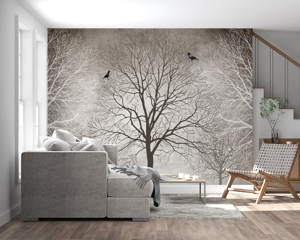 Nature Wallpaper, Non Woven, Tree Branches Wallpaper, Black Birds Wall Mural