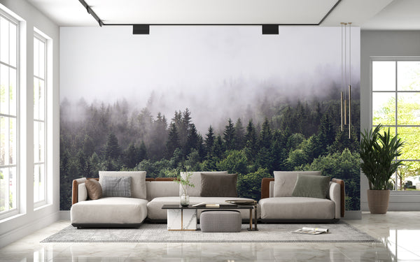 Nature Wallpaper, Non Woven, Fog in Forest Wallpaper, Woodland Wall Mural