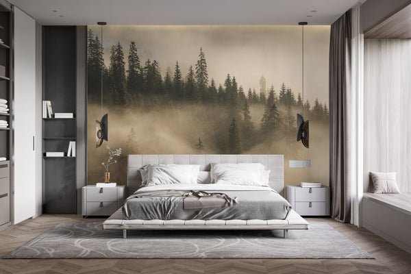 Nature Wallpaper, Non Woven, Pine Forest Wallpaper, Foggy Morning Wall Mural