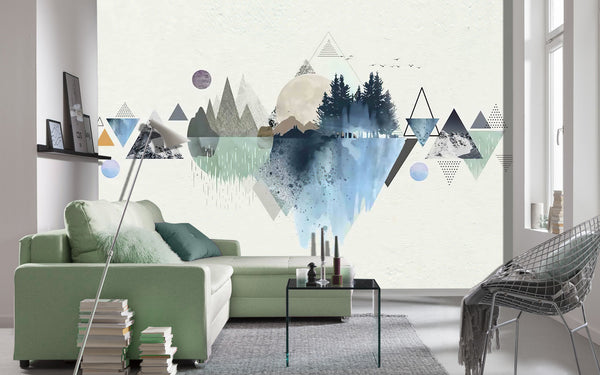 Nature Wallpaper, Non Woven, Modern Geometrical Forest & Moon Wallpaper, Geometric Triangles Wall Mural