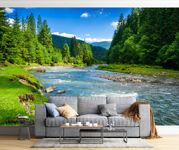 Nature Wallpaper, Non Woven, River in Deep Forest Wallpaper, Mountain Wall Mural