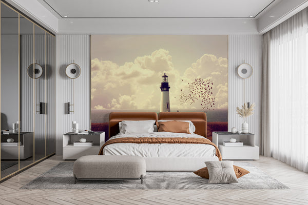 Nature Wallpaper, Non Woven, Lighthouse and Birds Wallpaper, Sea & Sky Wall Mural