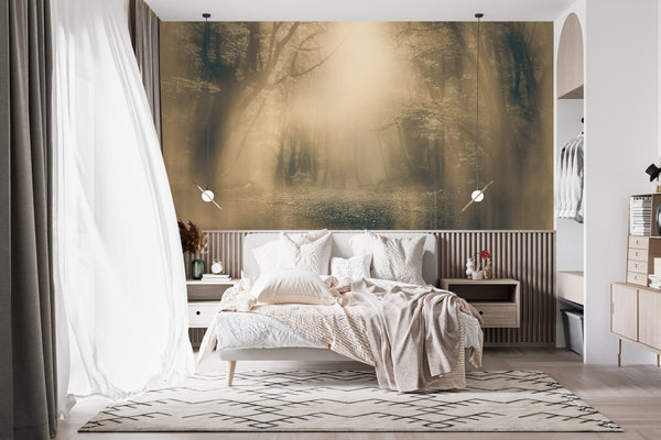 Nature Wallpaper, Non Woven, Deep Forest in Sepia Colors Wallpaper, Fog in Forest Wall Mural