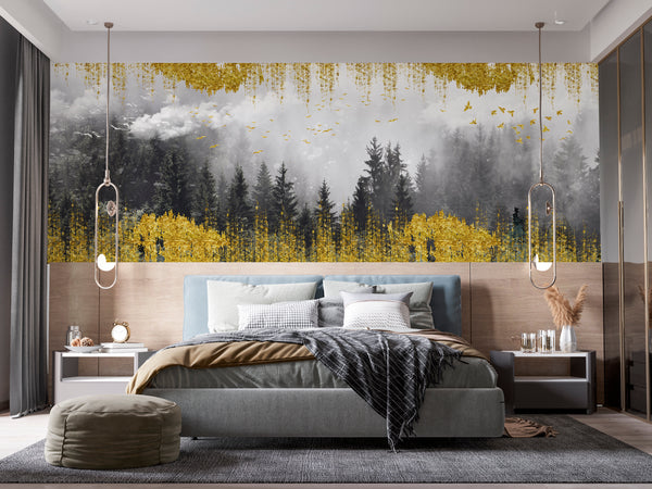 Nature Wallpaper, Non Woven, Landscape Forest Tree and Golden Elements Wallpaper, Black & White View Wall Mural